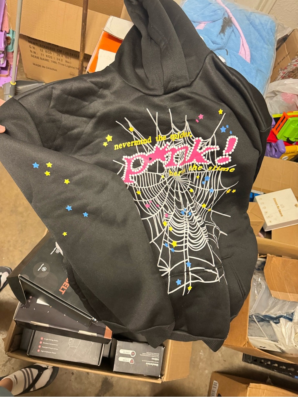 Kids Black Pullover Hoodie with Spiderweb Graphic and Star Print - Picture 1 of 2